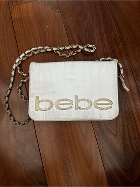 bebe White Croc-Embossed Crossbody with Gold Chain